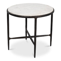 round distressed white marble side table on a rustic black forged iron base