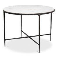 Round breakfast table with distressed white marble top and forged iron base
