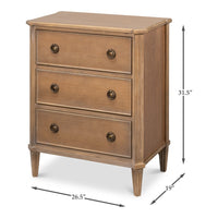 Neoclassical Three-Drawer Chest, 26 in – Brown Tulipwood with Ring Pulls - dimension drawing