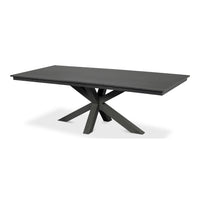 stone gray dining table in walnut veneer with dark starburst pedestal base