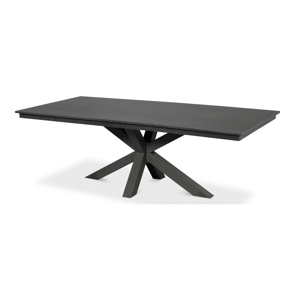 stone gray dining table in walnut veneer with dark starburst pedestal base