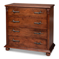 Four-drawer chest in brown acacia with cast antler-form pulls and turned bun feet