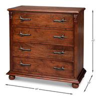 Carved Four-Drawer Chest – Brown Acacia with Antler-Form Pulls - dimension drawing