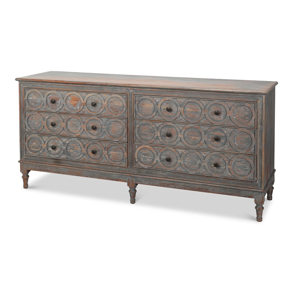Rustic French Carved Sideboard– Distressed Black Acacia, 6 Drawers – styled view