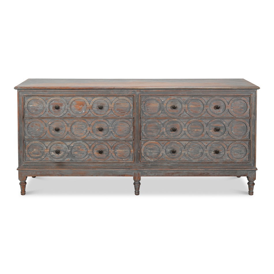 Rustic French Carved Sideboard – Distressed Finish, 6 Drawers - additional view