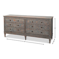 Rustic French Carved Sideboard – Distressed Finish, 6 Drawers - dimension drawing