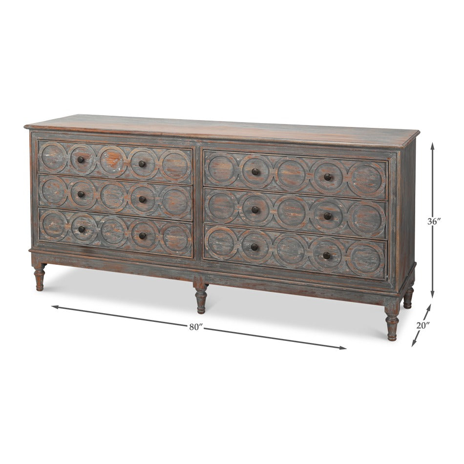 Rustic French Carved Sideboard – Distressed Finish, 6 Drawers - dimension drawing