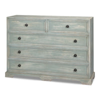 Tall five-drawer acacia chest with whitewashed blue gray finish, paneled drawer fronts, and round gunmetal pulls