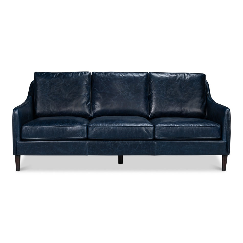 Contemporary Blue Leather Sofa with Track Arms - additional view