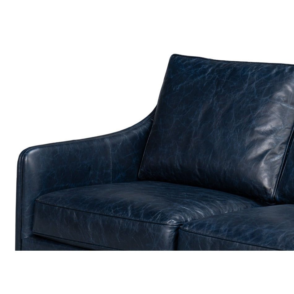 Contemporary Blue Leather Sofa with Track Arms - additional view