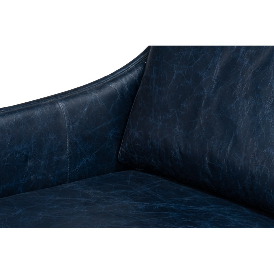 Contemporary Blue Leather Sofa with Track Arms - additional view