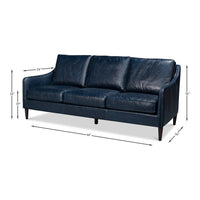 Contemporary Blue Leather Sofa with Track Arms - dimension drawing