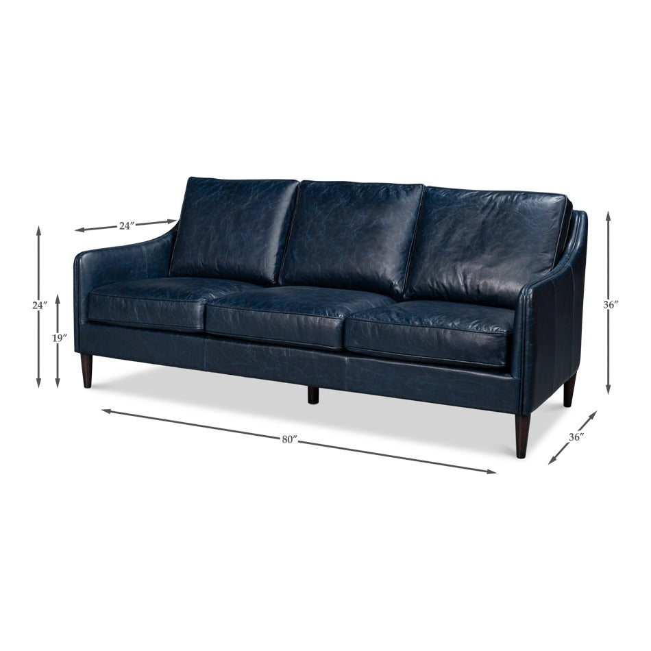 Contemporary Blue Leather Sofa with Track Arms - dimension drawing