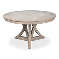 Transitional Round Jupe Dining Table, Medium – Grey Oak with Splayed Pedestal Base – styled view