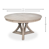 Transitional Round Jupe Dining Table, Medium – Grey Oak with Splayed Pedestal Base - dimension drawing
