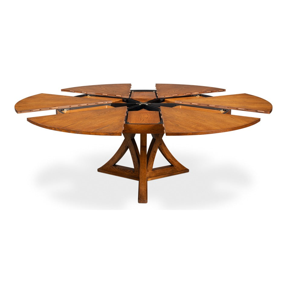 Transitional Round Jupe Dining Table, Medium – Light Brown Oak with Splayed Pedestal Base - additional view