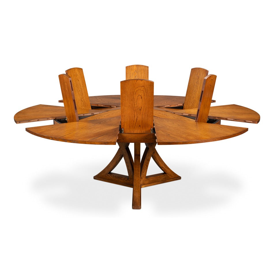 Transitional Round Jupe Dining Table, Medium – Light Brown Oak with Splayed Pedestal Base - additional view