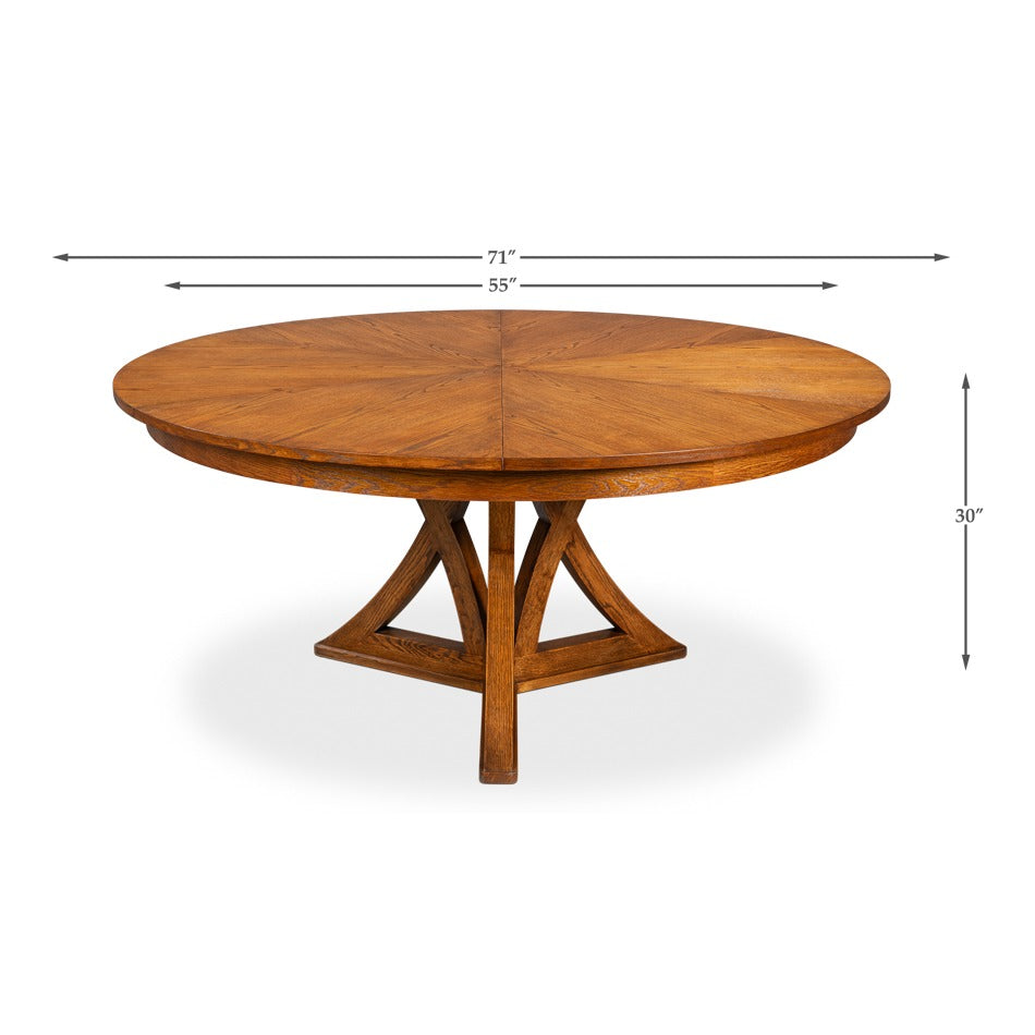Transitional Round Jupe Dining Table, Medium – Light Brown Oak with Splayed Pedestal Base - dimension drawing