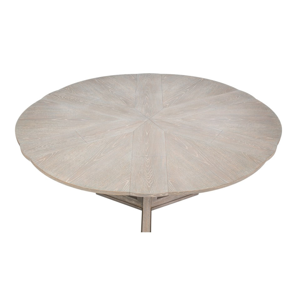 Transitional Round Jupe Dining Table, Large – Grey Oak with Sculptural X-Form Pedestal - additional view