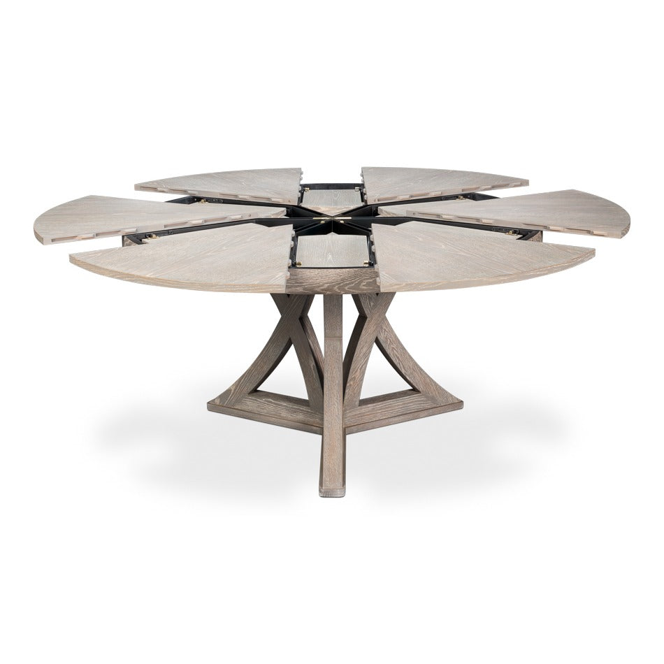 Transitional Round Jupe Dining Table, Large – Grey Oak with Sculptural X-Form Pedestal - additional view
