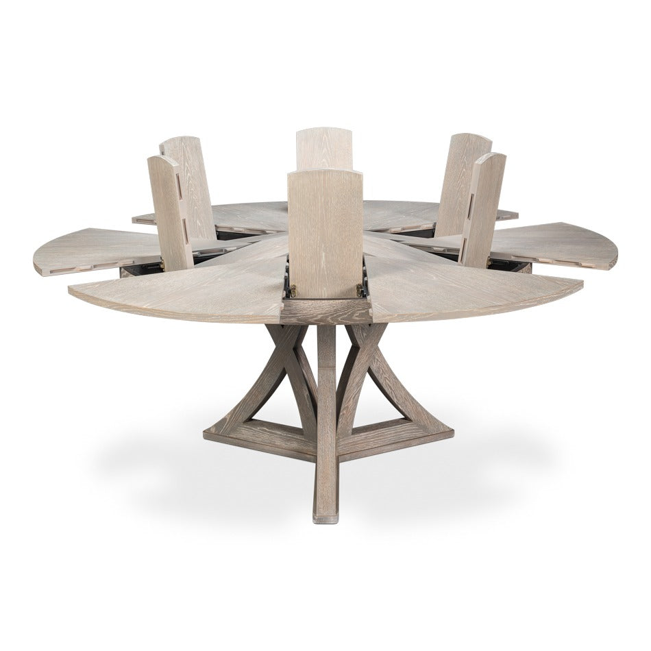Transitional Round Jupe Dining Table, Large – Grey Oak with Sculptural X-Form Pedestal - additional view