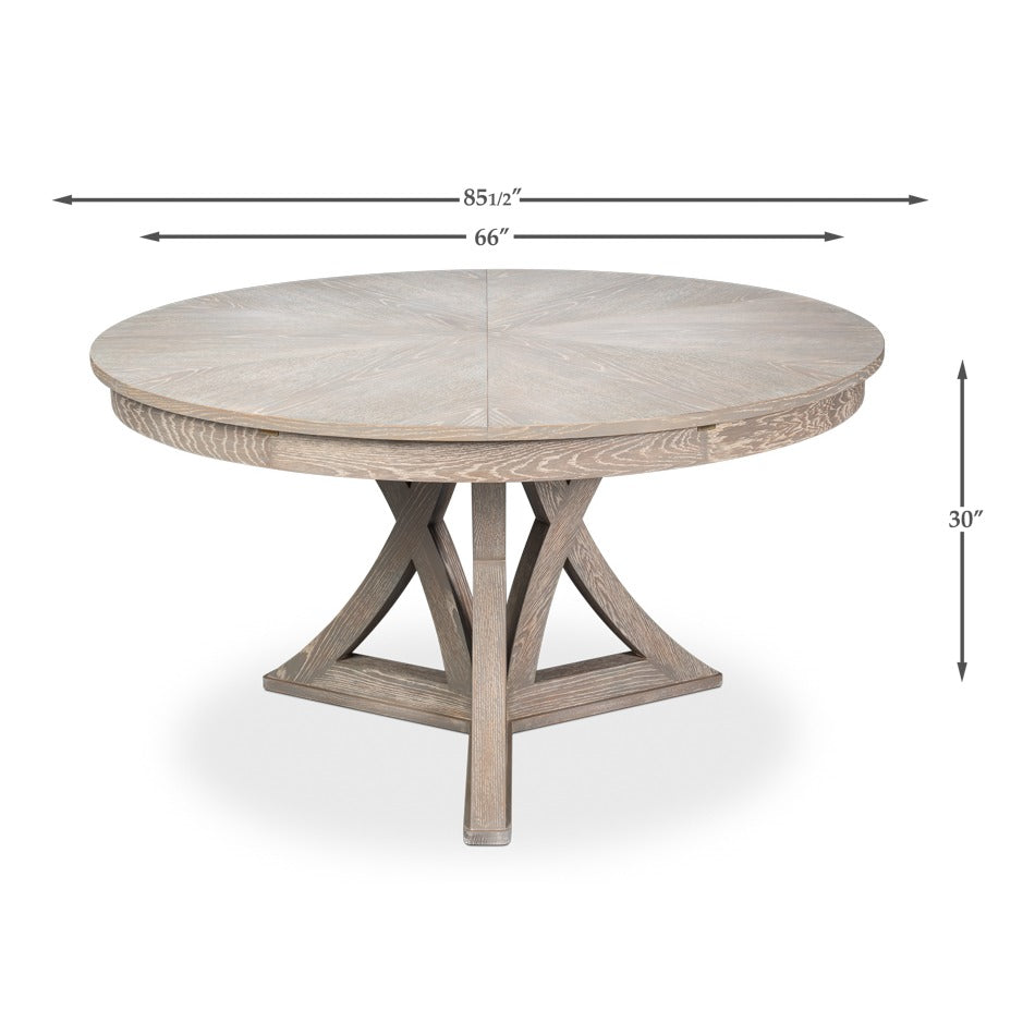 Transitional Round Jupe Dining Table, Large – Grey Oak with Sculptural X-Form Pedestal - dimension drawing