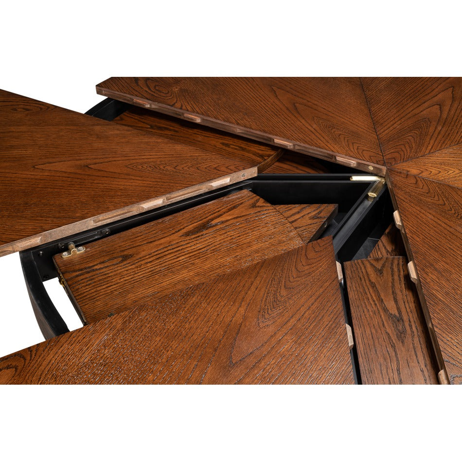 Transitional Round Jupe Dining Table, Large – Warm Brown Oak with Sculptural X-Form Pedestal - additional view