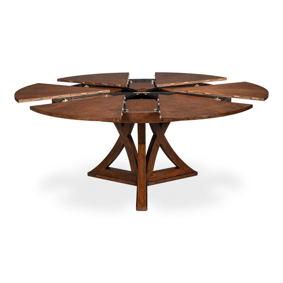 Transitional Round Jupe Dining Table, Large – Warm Brown Oak with Sculptural X-Form Pedestal - additional view