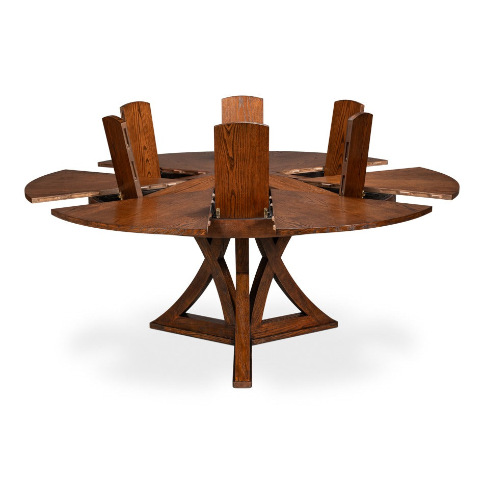 Transitional Round Jupe Dining Table, Large – Warm Brown Oak with Sculptural X-Form Pedestal - additional view
