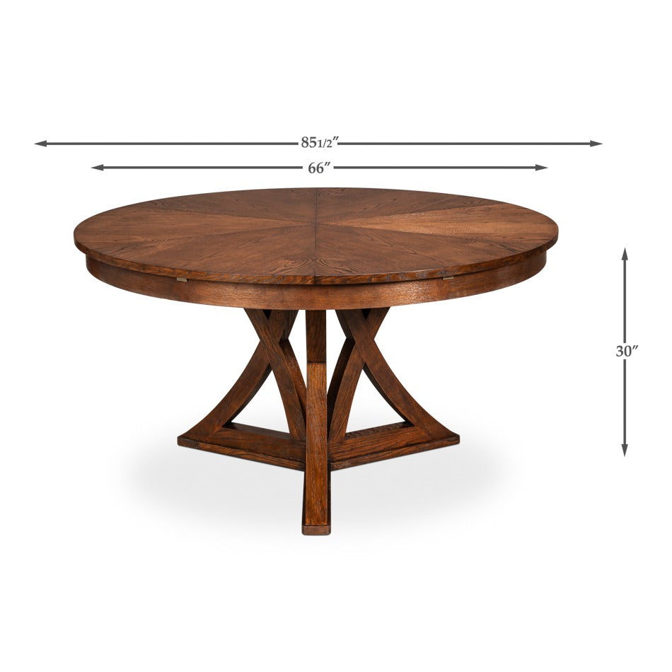 Transitional Round Jupe Dining Table, Large – Warm Brown Oak with Sculptural X-Form Pedestal - dimension drawing