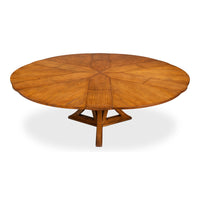 Transitional Round Jupe Dining Table, Large – Light Brown Oak with Sculptural X-Form Pedestal - additional view