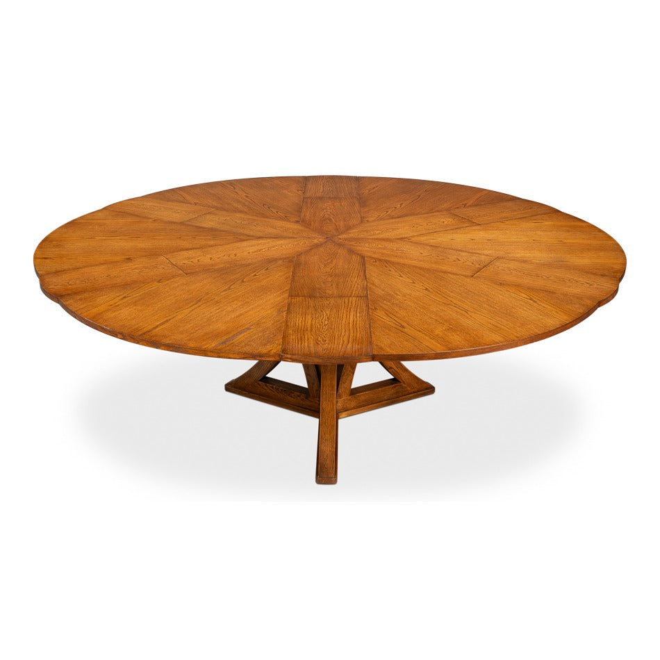 Transitional Round Jupe Dining Table, Large – Light Brown Oak with Sculptural X-Form Pedestal - additional view