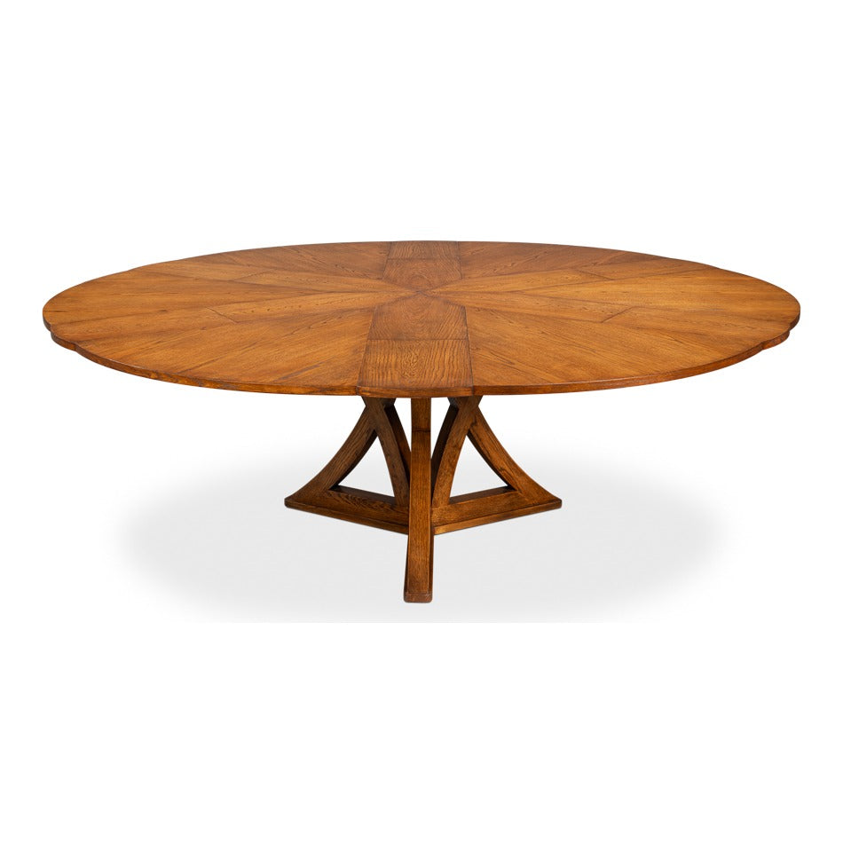 Transitional Round Jupe Dining Table, Large – Light Brown Oak with Sculptural X-Form Pedestal - additional view