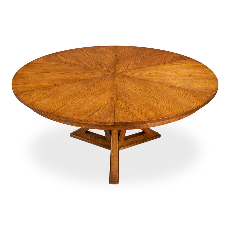 Transitional Round Jupe Dining Table, Large – Light Brown Oak with Sculptural X-Form Pedestal - additional view