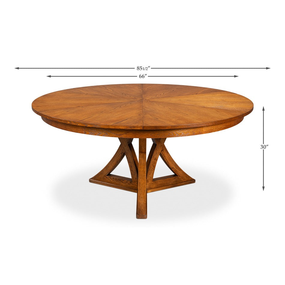 Transitional Round Jupe Dining Table, Large – Light Brown Oak with Sculptural X-Form Pedestal - dimension drawing