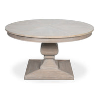 Traditional Round Jupe Dining Table, Medium – Grey Oak with Faux Bois Pedestal – styled view