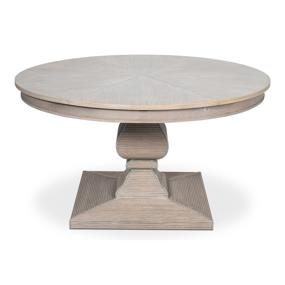 Traditional Round Jupe Dining Table, Medium – Grey Oak with Faux Bois Pedestal – styled view