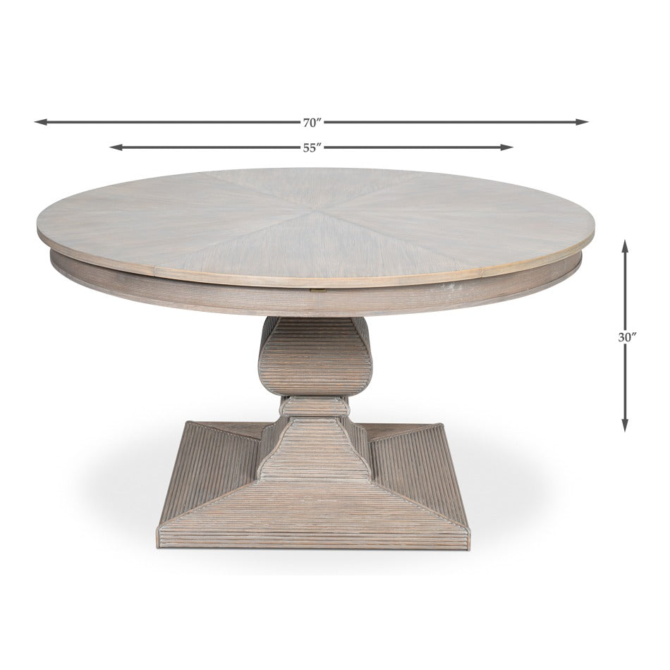 Traditional Round Jupe Dining Table, Medium – Grey Oak with Faux Bois Pedestal - dimension drawing