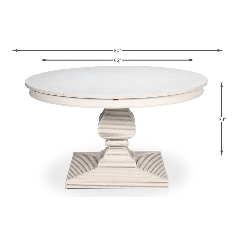 Round White Reeded Pedestal Jupe Dining Table with Expanding Top - dimension drawing