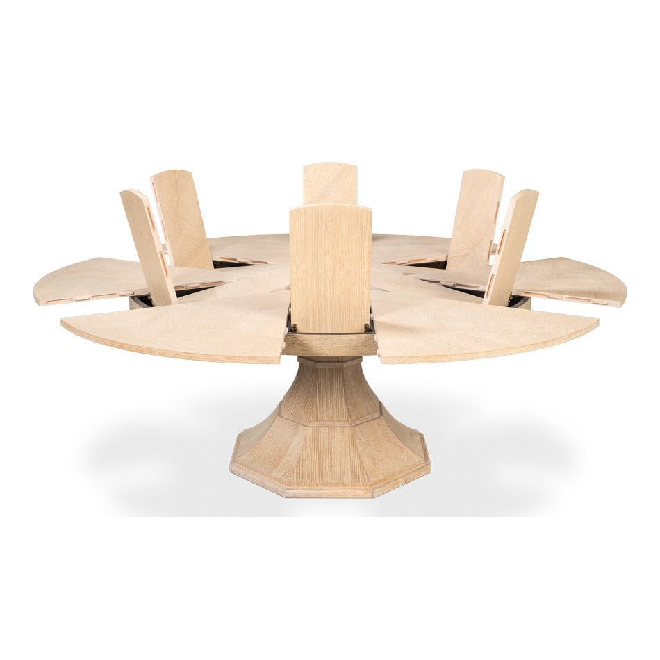 Transitional Round Jupe Dining Table, Medium – Bleached Oak with Faceted Pedestal Base - additional view
