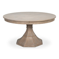 Transitional Round Jupe Dining Table, Medium – Grey Oak with Faceted Pedestal Base – styled view