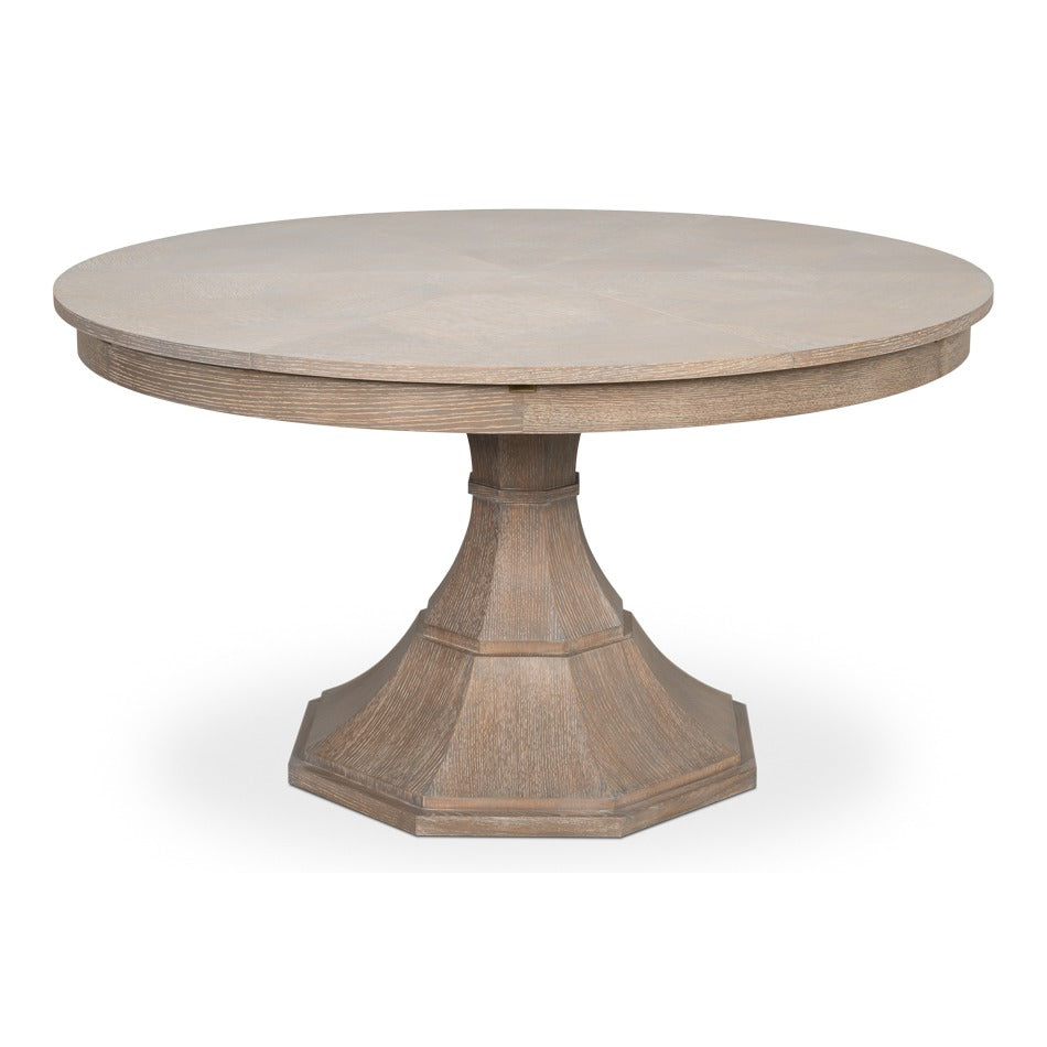 Transitional Round Jupe Dining Table, Medium – Grey Oak with Faceted Pedestal Base – styled view