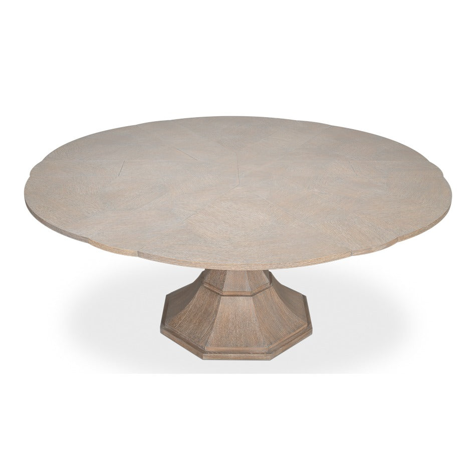 Transitional Round Jupe Dining Table, Medium – Grey Oak with Faceted Pedestal Base - additional view
