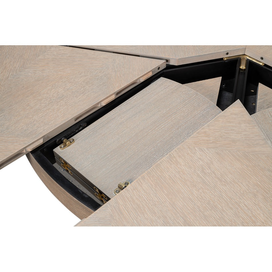 Transitional Round Jupe Dining Table, Medium – Grey Oak with Faceted Pedestal Base - additional view