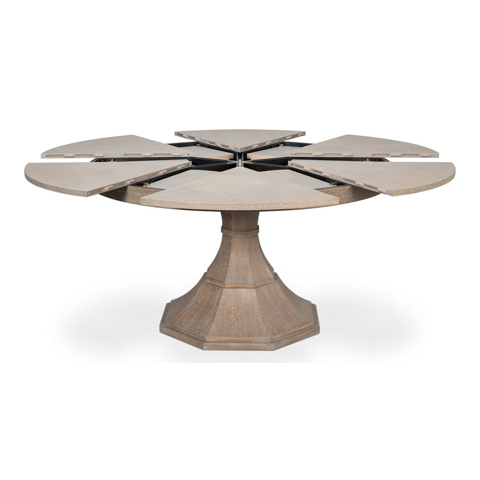 Transitional Round Jupe Dining Table, Medium – Grey Oak with Faceted Pedestal Base - additional view