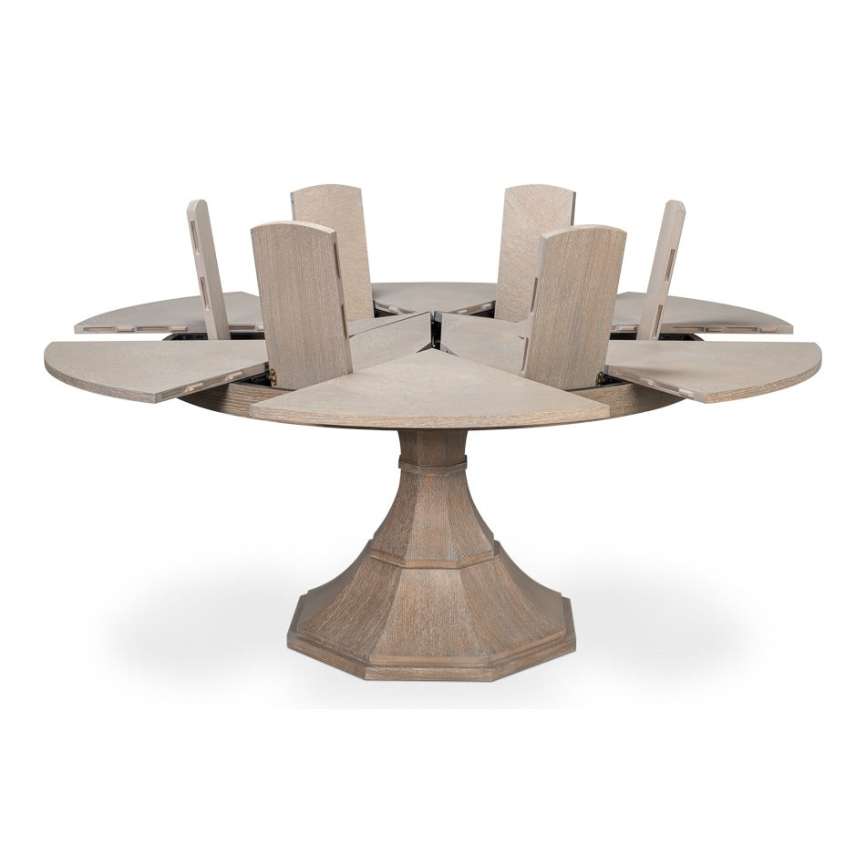 Transitional Round Jupe Dining Table, Medium – Grey Oak with Faceted Pedestal Base - additional view