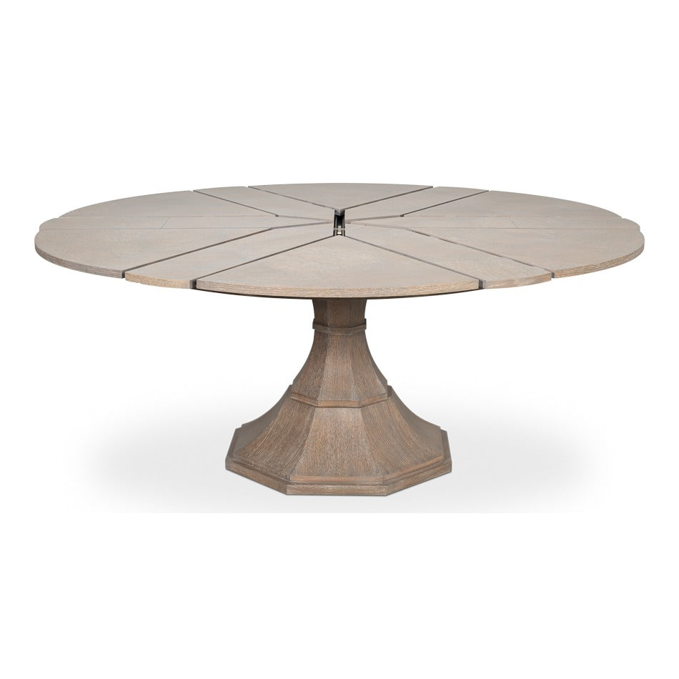Transitional Round Jupe Dining Table, Medium – Grey Oak with Faceted Pedestal Base - additional view