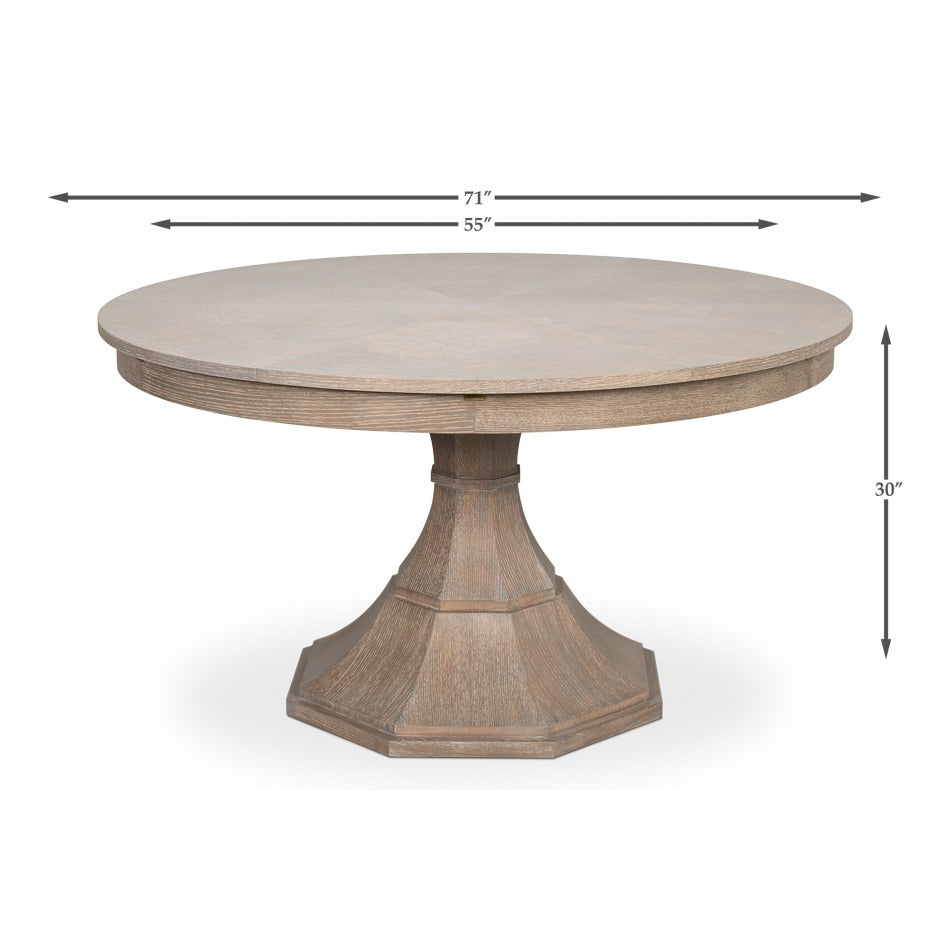 Transitional Round Jupe Dining Table, Medium – Grey Oak with Faceted Pedestal Base - dimension drawing