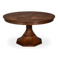 Transitional Round Jupe Dining Table, Medium – Warm Brown Oak with Faceted Pedestal Base – styled view