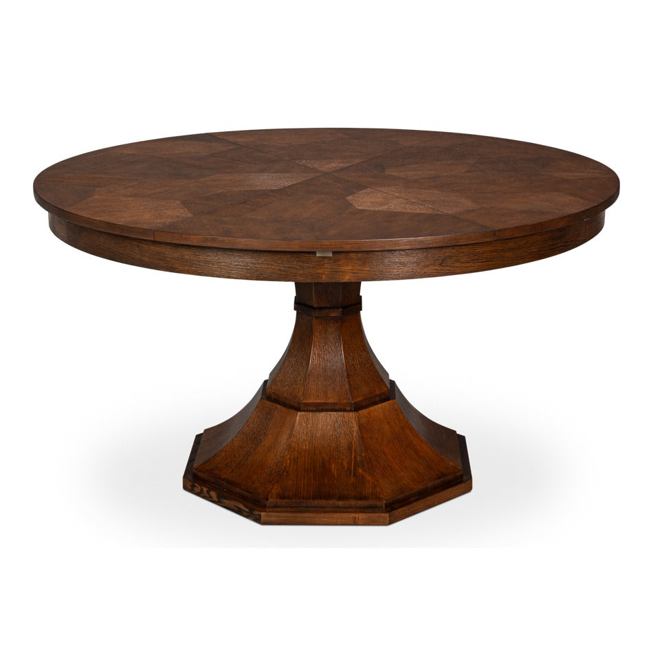 Transitional Round Jupe Dining Table, Medium – Warm Brown Oak with Faceted Pedestal Base – styled view